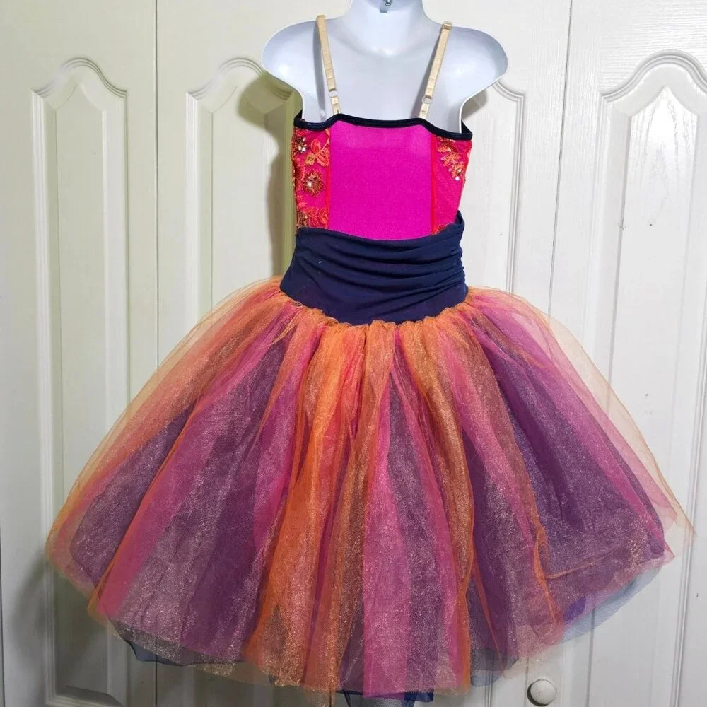 Pink Tricolor Tulle Lyrical Dance Ballet Costume Dress Floral Sequin Tutu Girls